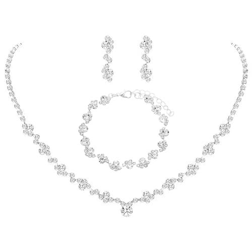 AOWVUTS Hochzeit Schmuck Sets für Damen Strass Kristall Halskette Armband Anhänger Ohrring Set Silber Brautschmuck Set Hochzeit Verlobung Braut Brautjungfer Geschenk Schmuck von AOWVUTS