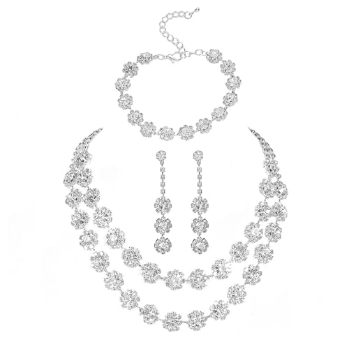 AOWVUTS Hochzeit Schmuck Sets für Damen Strass Kristall Halskette Armband Anhänger Ohrring Set Silber Brautschmuck Set Hochzeit Verlobung Braut Brautjungfer Prom Hochzeits Schmuck von AOWVUTS