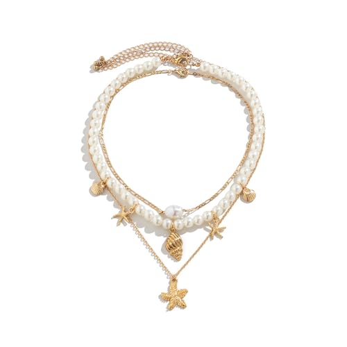 AOWVUTS Kette Gold Damen Layering Halskette Perlen Wasserfest Lange Ketten mit Anhänger Hypoallergene Boho Stapelbar Goldene Kette Strand Modeschmuck für Frauen Mädchen (1-1) von AOWVUTS