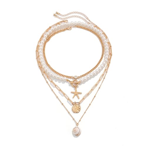 AOWVUTS Kette Gold Damen Layering Halskette Perlen Wasserfest Lange Ketten mit Anhänger Hypoallergene Boho Stapelbar Goldene Kette Strand Modeschmuck für Frauen Mädchen von AOWVUTS