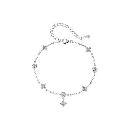 AOWVUTS Kleeblatt Armband Damen 925 Sterling Silber Vierblättriges Kleeblatt Armband mit Zirkonia Blumen Goldene/Sliber Stapelbare Verstellbares Armbander Schmuck Geschenk für Frauen Mädchen (Silber) von AOWVUTS