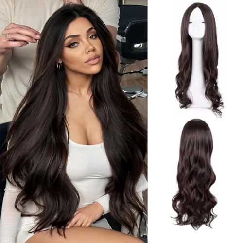 AOWVUTS Lange Gewellt Perücke Für Frauen Mädchen Natuaral Synthetisches Haar Hitzebeständig Perücke Charmante Lange Wellige Perücke Mittelscheitel Lang Lockig für Partys Cosplay Täglich von AOWVUTS