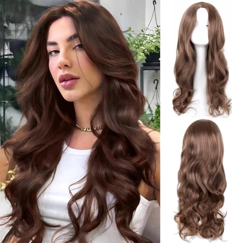AOWVUTS Lange Gewellt Perücke Für Frauen Mädchen Natuaral Synthetisches Haar Hitzebeständig Perücke Charmante Lange Wellige Perücke Mittelscheitel Lang Lockig für Partys Cosplay Täglich von AOWVUTS