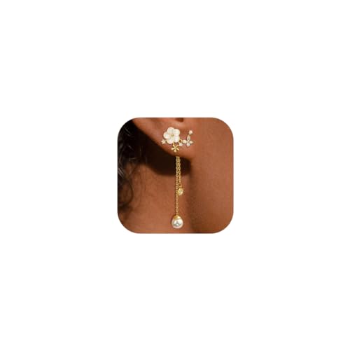 AOWVUTS Perlen Blumen Ohrringe Damen 14k Vergoldete Lange Perlen Anhänger Ohrring Hängende Hochzeit Weiße Blume Ohrringe mit Cubic Zirkonia Schmuck Geschenk für Frauen Und Mädchen Bräute von AOWVUTS