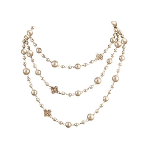 AOWVUTS Perlenkette für Frauen und Mädchen Vierblättriges Kleeblatt Lange Perle Halskette Doppellagige Mode Pullover Kette Layering Pearl Ketten Set Geburtstag Weihnachten Party Schmuck Geschenk (BZ) von AOWVUTS