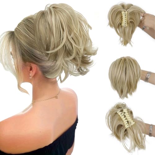 AOWVUTS Pferdeschwanz mit Klammer Kurze Lockiger Pferdeschwanz Clip in Klaue Haarverlängerung Natürlich Synthetisches Haarteil Gerade Verlängerung Zopf Ponytail Extension für Frauen Damen von AOWVUTS