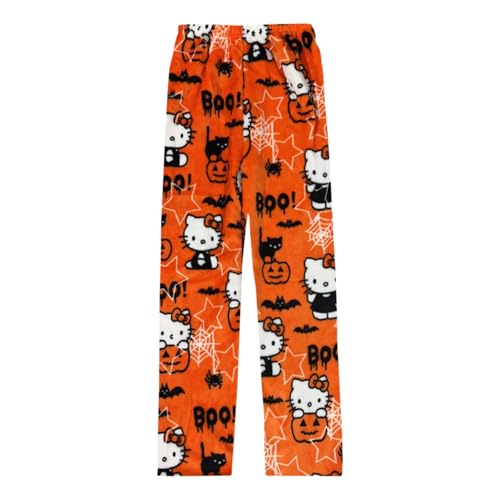 AOWVUTS Pyjama Hosen Schlafanzug Damen Halloween Lang Flanell Pyjama Anime Bequeme Cartoon Pyjama Hose Weich Kawaii Schlafhose Damen Baumwolle Lounge Casual Home Hosen Pyjamas von AOWVUTS