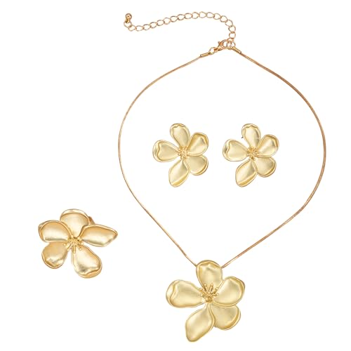 AOWVUTS Schmuck Set Damen Blumen Statement Anhänger Halskette Große Blumen Ohrringe und Ring Set Blumen Ohrstecker Hypoallergenes Schmuck-Set Geschenk für Damen und Mädchen (Kupfer) von AOWVUTS
