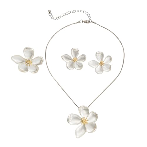 AOWVUTS Schmuck Set Damen Blumen Statement Anhänger Halskette Große Blumen Ohrringe und Ring Set Blumen Ohrstecker Hypoallergenes Schmuck-Set Geschenk für Damen und Mädchen (Silber) von AOWVUTS