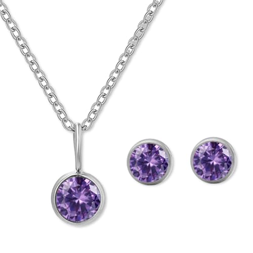 AOWVUTS Schmuckset für Damen und Mädchen Geburtsstein Anhänger Halskette Ohrringe Schmuck Set Silber GeburtssteinKette Edelstahl mit Februar Kristall Schmuck Geburtstag Geschenk von AOWVUTS