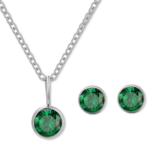 AOWVUTS Schmuckset für Damen und Mädchen Geburtsstein Anhänger Halskette Ohrringe Schmuck Set Silber GeburtssteinKette Edelstahl mit Mai Kristall Schmuck Geburtstag Geschenk von AOWVUTS