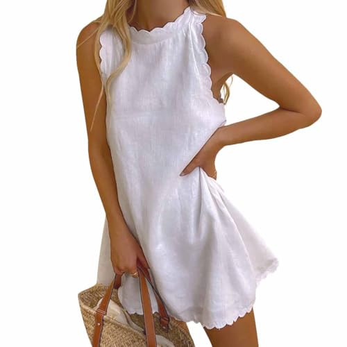 AOWVUTS Sommerkleid Damen Ärmelloses Rundhals Minikleid Casual A-Linie Kurz Kleider Leinen Freizeitkleider Elegante Cover Up Lässige Tank Strandkleid für Urlaub von AOWVUTS