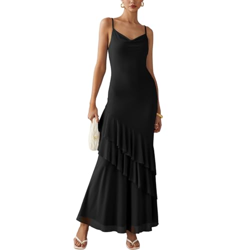 AOWVUTS Sommerkleid Damen Lang Maxikleid V Ausschnitt Ärmellos Spaghettiträger Freizeitkleid Rüschen Elegant Lockeres Langes Kleid Standkleid für Urlaub Hochzeits Partykleid Cocktailkleid von AOWVUTS