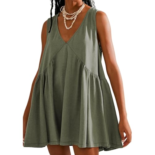 AOWVUTS Sommerkleid Damen V-Ausschnitt Ärmelloses Lässige Mini Kleider Swing Leicht T-Shirt Strandkleid Einfarbig Kurze Freizeit Kleider A-Linie Trägerkleid mit Taschen von AOWVUTS