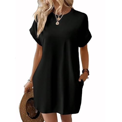 AOWVUTS Sommerkleider Damen Casual Kurzarm Tshirt Kleid Locker Rundhals Mini Strandkleid Schwarzes Kurz Kleider Leichte Freizeitkleid mit Taschen von AOWVUTS