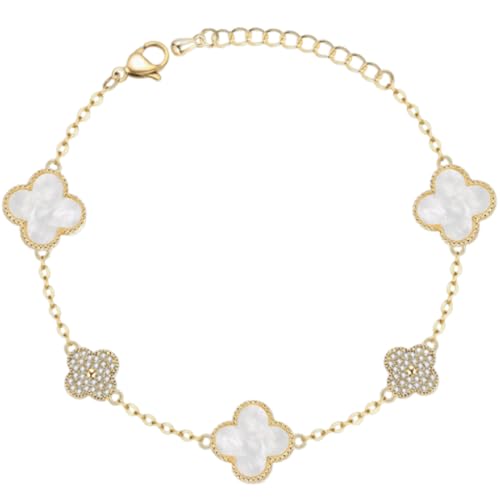 AOWVUTS Vierblättriges Kleeblatt Armband 14K Vergoldet Kleeblatt Armband mit Cubic Zirkonia Verstellbare Stapelbare Glücksarmband Gold Schmuck Geschenk für Damen Frauen Mädche (weiß) von AOWVUTS