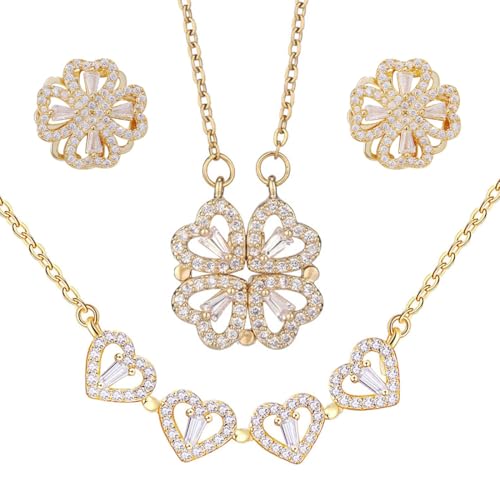 AOWVUTS Vierblättriges Kleeblatt Schmuck Set, 2 in 1 Klee Glücksbringer Magnetisches Herz Halskette Ohrringe Set Zirkonia Schmuck Geschenk für Damen Freundin Mädchen von AOWVUTS