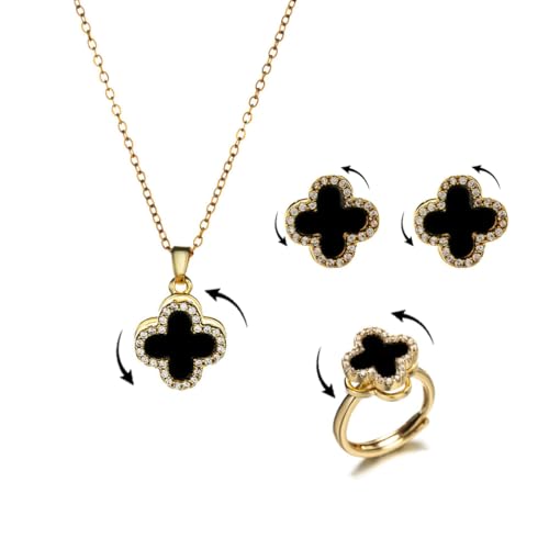 AOWVUTS Vierblättriges Kleeblatt Schmuckset für Damen Angst Spinner Kleeblatt Anhänger Halskette Ohrringe Ring mit Zirkonia Verstellbare Anti Stress Glücksklee Schmuckset für Geschenke (GB) von AOWVUTS