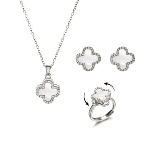 AOWVUTS Vierblättriges Kleeblatt Schmuckset für Damen Angst Spinner Kleeblatt Anhänger Halskette Ohrringe Ring mit Zirkonia Verstellbare Anti Stress Glücksklee Schmuckset für Geschenke (SW) von AOWVUTS