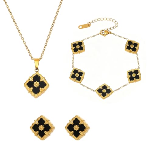 AOWVUTS Vierblättriges Kleeblatt Schmuckset für Damen und Mädchen 18K Vergoldet Kleeblatt Anhänger Halskette Ohrringe Armband Zweiseitig Glücksklee Schmuck Set Geschenk für Valentinstag Muttertag (S) von AOWVUTS