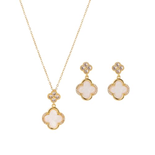 AOWVUTS Vierblättriges Kleeblatt Schmuckset für Damen und Mädchen 18K Vergoldet Vierblättriges Kleeblatt Halskette Ohrringe Hängend Set mit Zirkonia Vierblättriges Glücksklee Schmuckset (GW) von AOWVUTS