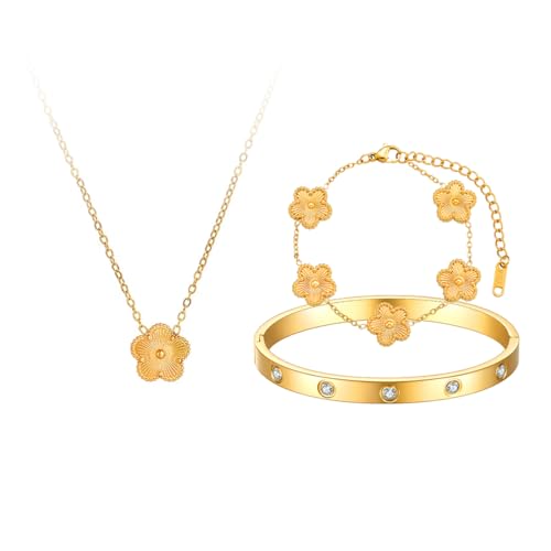 AOWVUTS Vierblättriges Kleeblatt Schmuckset für Damen und Mädchen 18k Vergoldet Edelstahl Anhänger Halskette Armband Cubic Zirkonia Armreif Glücksklee Schmuck Set für Geschenke (Gold) von AOWVUTS