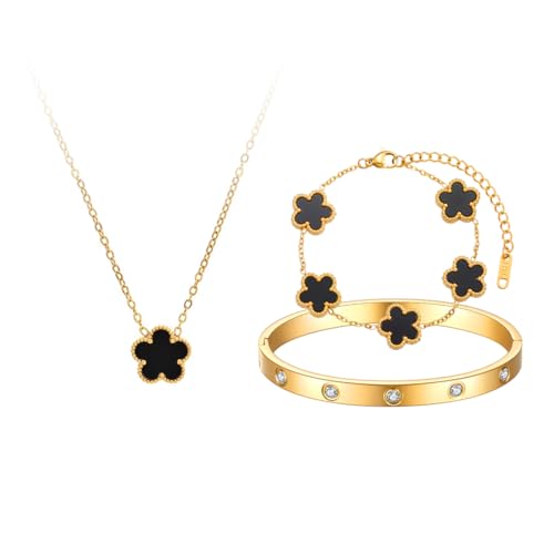 AOWVUTS Vierblättriges Kleeblatt Schmuckset für Damen und Mädchen 18k Vergoldet Edelstahl Anhänger Halskette Armband Cubic Zirkonia Armreif Glücksklee Schmuck Set für Geschenke (Schwarz) von AOWVUTS