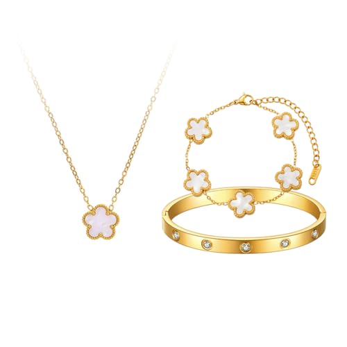 AOWVUTS Vierblättriges Kleeblatt Schmuckset für Damen und Mädchen 18k Vergoldet Edelstahl Anhänger Halskette Armband Cubic Zirkonia Armreif Glücksklee Schmuck Set für Geschenke (Weiß) von AOWVUTS