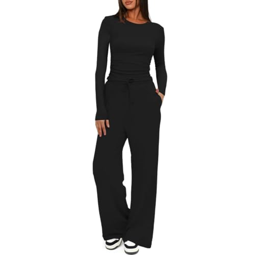 AOWVUTS Zweiteiler Damen Lounge Set Langarm Rundhalsausschnitt Oberteil und Weite Hose Hausanzug Yoga Outfit Jogginganzug Set Freizeitanzug Tracksuit Trainingsanzug mit Taschen Sport Set von AOWVUTS
