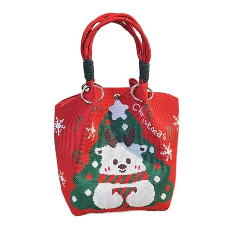 AOYEAH Cartoon Rentier Weihnachts mann gestrickte Eimer tasche, Damenmode tragbare Handtasche, Weihnachts gestricktes Geschenk von AOYEAH