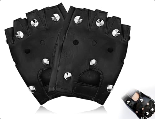 AOYEGIC Punk Fingerlos Handschuhe,Aushöhlen Fingerlose Lederhandschuhe mit Nieten,verwendet für Damen Erwachsene Hip Hop,Performance,Tanzen Kostüm(Schwarz) von AOYEGIC