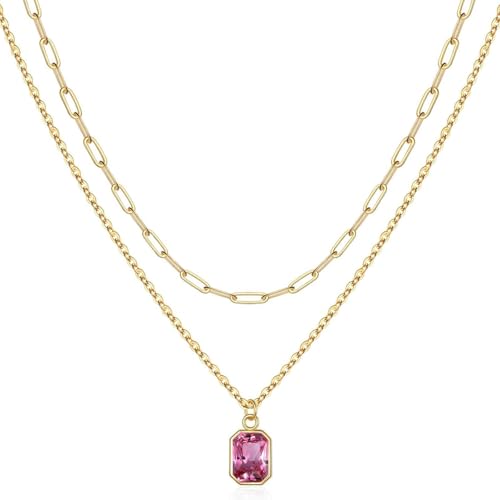 AOYUDJ Elegante doppellagige Halskette mit Dezember-Steinen und 18 Karat vergoldet, rechteckiges Design, Halskette für Damen, 2cm, Metall AOYUDJ Elegante doppellagige Halskette mit Dezember-Steinen und 18 Karat vergoldet, rechteckiges Design, Halskette für Damen, 2cm, Metall von AOYUDJ