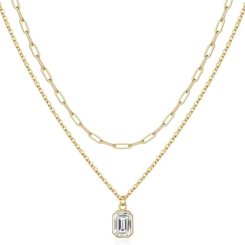 AOYUDJ Elegante doppellagige Halskette mit Dezember-Steinen und 18 Karat vergoldet, rechteckiges Design, Halskette für Damen, 2cm, Metall AOYUDJ Elegante doppellagige Halskette mit Dezember-Steinen und 18 Karat vergoldet, rechteckiges Design, Halskette für Damen, 2cm, Metall von AOYUDJ