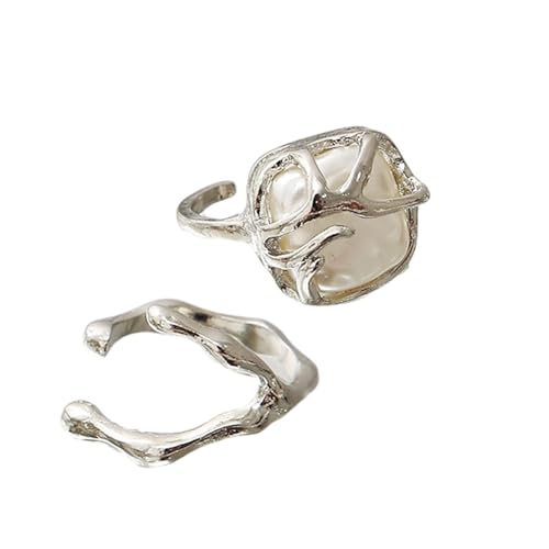 AOYUDJ Unregelmäßige Perlen Silber Ringe Set für Frauen Elegante Barock Designs In Stabiler Legierung Tragbar Für Jubiläen, 1.3cm/0.51inch, Metall von AOYUDJ