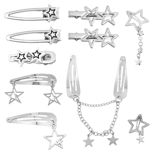 AOZUO 10 Stück Silber Stern Haarspangen, Y2K Metall Haaraccessoires Hair Clips Haarklammer Pentagramm Haarclips Kleine Retro Kawaii Haarschmuck für Frauen von AOZUO