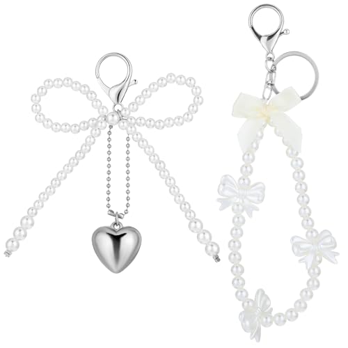 AOZUO 2 Stück Perlen-Schleifen-Schlüsselanhänger für Frauen, Taschen Anhänger ästhetischer Y2K-Schleifen-Schlüsselanhänger, Taschenanhänger, süßer Perlen-Schleifen-Schlüsselring für Geldbörse von AOZUO