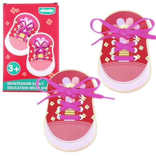 AOZUO 2 Stück Schnürschuh Aus Holz, Schleife Binden Lernen für Kinder Üben Sie das Einfädeln und Binden von Schnürsenkeln, Kinder üben das Erlernen des Schnürsenkel Lehrbretts Spielzeug(Rot) von AOZUO