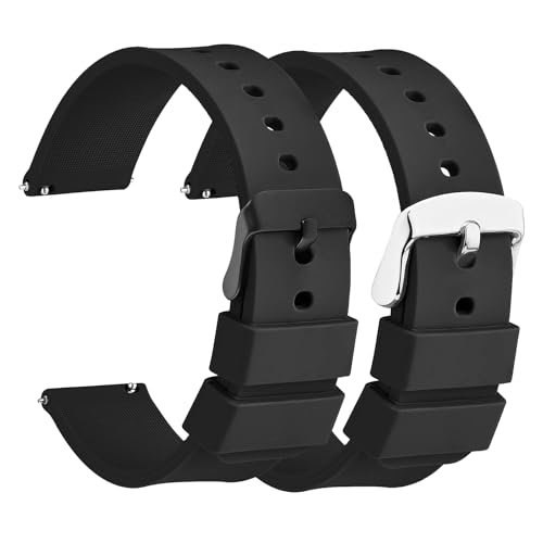 AOZUO 2 Stück Silikon Uhrenarmbänder, 20mm Uhrenarmbänder aus Silikon mit Schnellverschluss, Silikon Watch Straps mit Schwarzer oder Silber Edelstahlschnalle von AOZUO