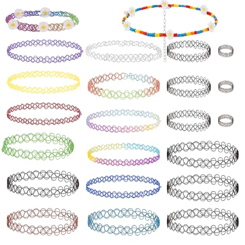 AOZUO 23 Stück Choker 90er Jahre, Outfit Damen Stretch Choker Kette Damen Choker Halskette Sets Choker Halsband Tattookette 90s Set Halskette Mädchen Damen Elastische Hohlgewebe Schmuckset von AOZUO