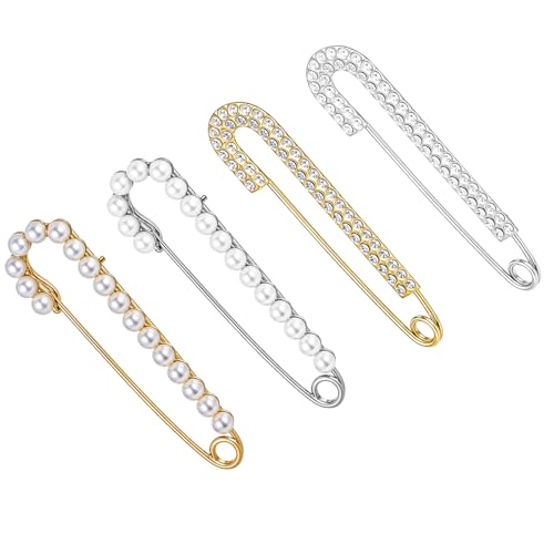 AOZUO 4 Stück Broschen für Kleidung,Brosche Damen Anstecknadeln Ausschnitt Verkleinern,Broschen Safety Pin Necklace Schleppennadel Brautkleid Sicherheitsnadeln Groß Broschennadeln Perlen von AOZUO