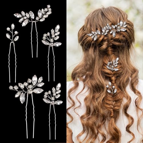 AOZUO 5 Stück Haarschmuck Hochzeit mit Strasssteinen,Brautschmuck Haare Hochzeiten Kristallen Blumenperlen Französische Brauthaarspangen für Braut Frauen Geburtstagsparty Brautjungfern Kopfbedeckungen von AOZUO
