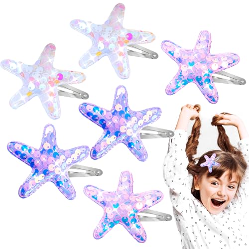 AOZUO 6 Stück Stern Haarspangen,Haarspangen Kinder Glitzernde Haarspangen Mit Glitzernden Seestern Haarnadeln Motiv Glitzernde für Den Strand Frauen Mädchen Kopfbedeckungen Ohrringe Kette Styling von AOZUO