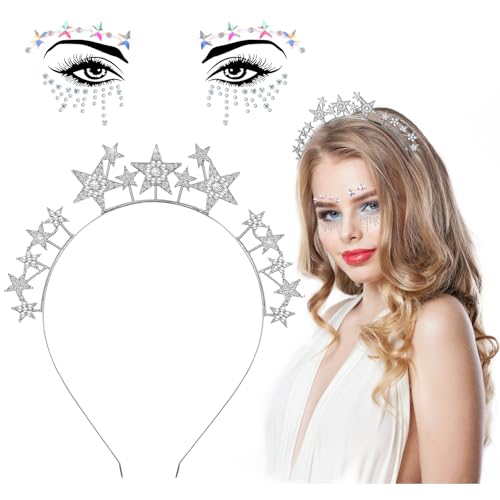 AOZUO 84pcs Gesichts Edelstein Aufkleber mit Strass Stirnband, Selbstklebende Bunte Juwelen Strasssteine für Damen Mädchen, Karneval Fasching Geburtstag Party Kostüm Haarreifen Glitzer Haarschmuck von AOZUO