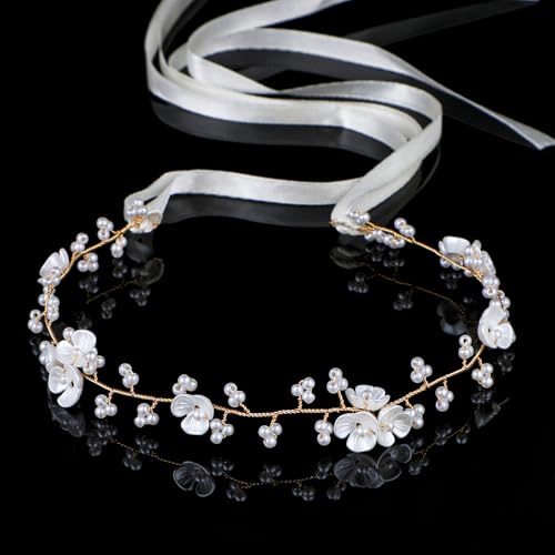 AOZUO Haarschmuck Mädchen Kinder, Blumenmädchen Kopfschmuck Stirnband, Weiße Perlen Blumenstirnband Prinzessin Mädchen Hochzeit Haarschmuck Haarband für Mädchen Geburtstagsfeier Erstkommunion von AOZUO