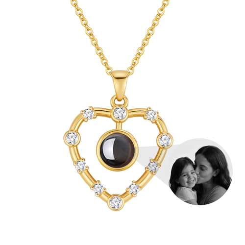 AOiViOZ 925er Sterlingsilber Benutzerdefinierte Herz–Personalisierte Fotohalskette mit Klarer Bildprojektion, Anpassbarer Anhänger mit Foto für Geschenke und Besondere Anlässe-Gold von AOiViOZ