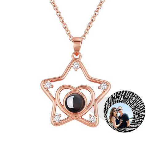AOiViOZ 925er Sterlingsilber Benutzerdefinierte Stern– Personalisierte Fotohalskette mit Klarer Bildprojektion, Sternanhänger mit Funkenzirkonia für Geschenke und Besondere Anlässe-Roségold von AOiViOZ