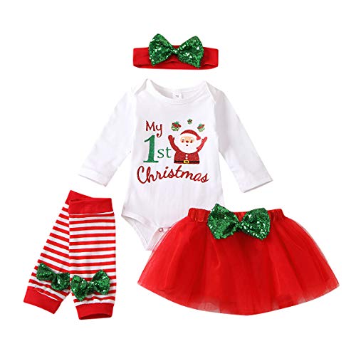 APAELEA Baby Weihnachtsoutfit Mädchen Mein Erstes Weihnachten Langarm Strampler + Rock + Beinwärmer + Schleife,9-12 Monate,Rot von APAELEA