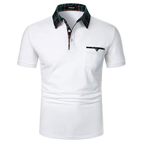 APAELEA Poloshirt Herren Kurzarm Freizeit Polohemd Golf Tops with Gefälschte Brusttasche Dekoration,Weiß,L von APAELEA