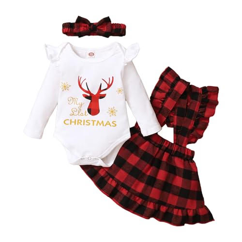 APAELEA Elch Weihnachtsoutfit Baby Mädchen Langarm Strampler Plaid Strapsrock Kleidung Set,Rot,0-3 Monate von APAELEA