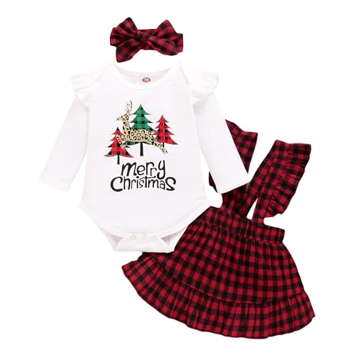 APAELEA Elch Weihnachtsoutfit Baby Mädchen Langarm Strampler Plaid Strapsrock Kleidung Set,Weiß-Rot,0-3 Monate von APAELEA